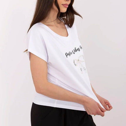 Everyday Elegance: Women's Cotton Tee with Zircon Accents - MimiStylez