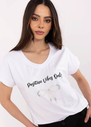 Everyday Elegance: Women's Cotton Tee with Zircon Accents - MimiStylez
