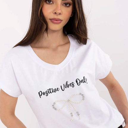 Everyday Elegance: Women's Cotton Tee with Zircon Accents - MimiStylez