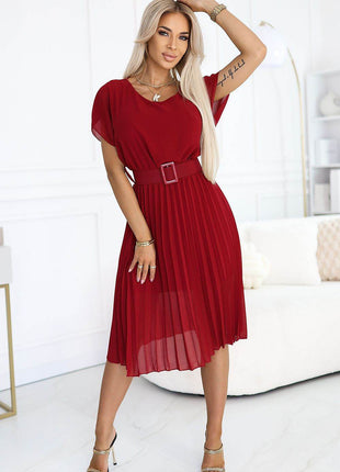 Pleated Chiffon Dress with Round Neckline & Wide Belt - MimiStylez