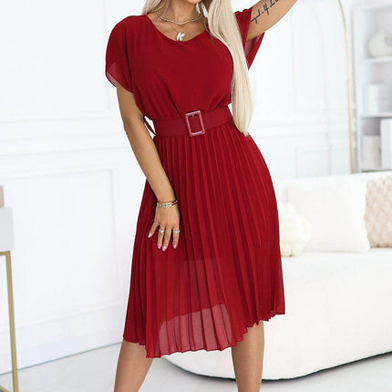 Pleated Chiffon Dress with Round Neckline & Wide Belt - MimiStylez