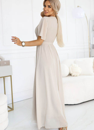 Long Chiffon Dress in Dirty Pink with Pleated Neckline - MimiStylez