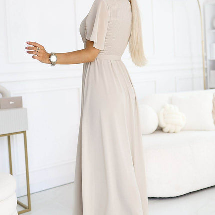 Long Chiffon Dress in Dirty Pink with Pleated Neckline - MimiStylez