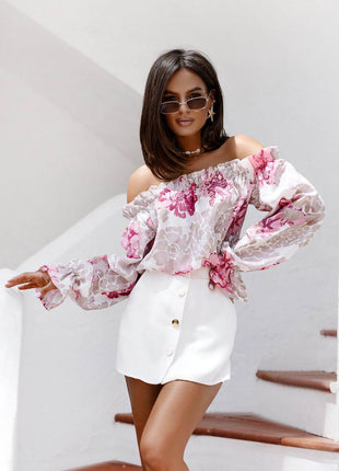 Off-Shoulder Blouse with Puff Sleeves & Elastic Waist – Feminine & Romantic - MimiStylez