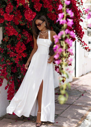 Backless Summer Strapless Maxi Dress with Neck Tie, Waist Elastic & Front Slit – Light & Sensual - MimiStylez