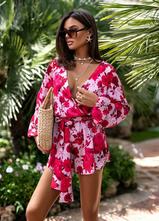 Flowy Wrap Jumpsuit with Puff Sleeves & Waist Tie – Stylish & Feminine Fit - MimiStylez