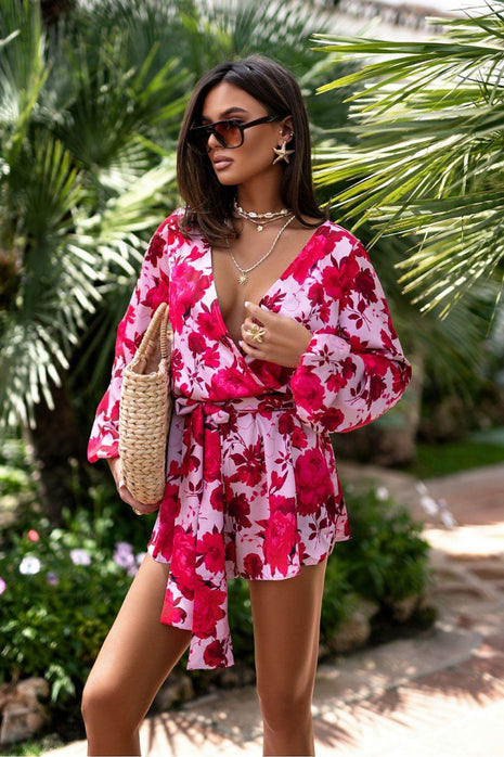 Flowy Wrap Jumpsuit with Puff Sleeves & Waist Tie – Stylish & Feminine Fit - MimiStylez