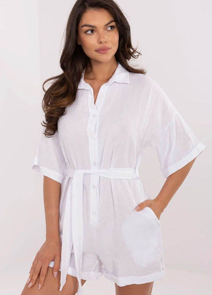 Light Muslin Cotton Jumpsuit with Belt and Collar - MimiStylez