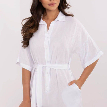 Light Muslin Cotton Jumpsuit with Belt and Collar - MimiStylez