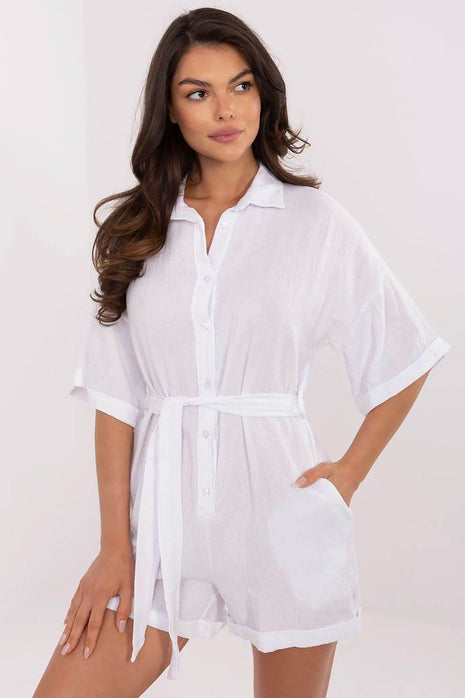 Light Muslin Cotton Jumpsuit with Belt and Collar - MimiStylez