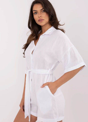 Light Muslin Cotton Jumpsuit with Belt and Collar - MimiStylez
