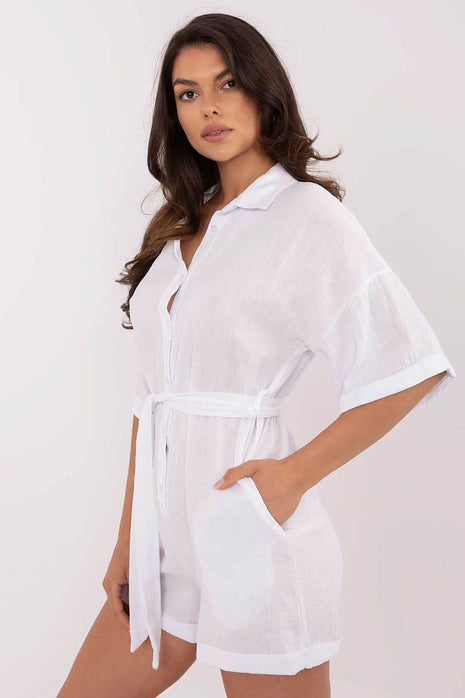 Light Muslin Cotton Jumpsuit with Belt and Collar - MimiStylez