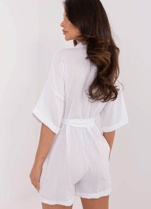 Light Muslin Cotton Jumpsuit with Belt and Collar - MimiStylez