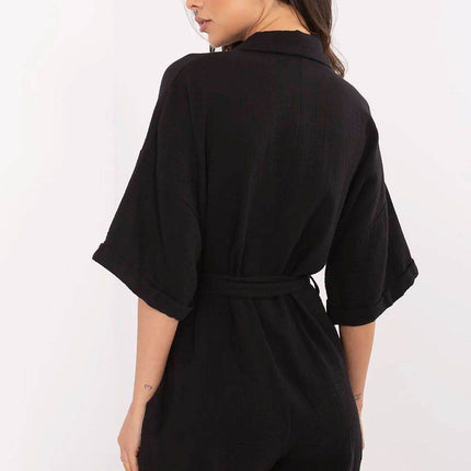 Light Muslin Cotton Jumpsuit with Belt and Collar - MimiStylez