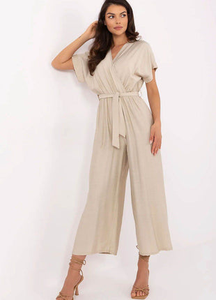Elegant Wrap Jumpsuit with Belt – Viscose Blend, Short Sleeves - MimiStylez