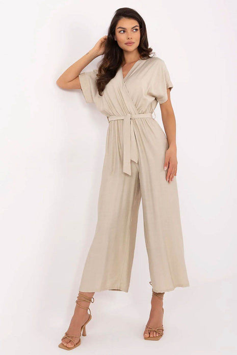 Elegant Wrap Jumpsuit with Belt – Viscose Blend, Short Sleeves - MimiStylez