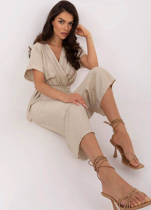 Elegant Wrap Jumpsuit with Belt – Viscose Blend, Short Sleeves - MimiStylez