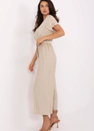 Elegant Wrap Jumpsuit with Belt – Viscose Blend, Short Sleeves - MimiStylez