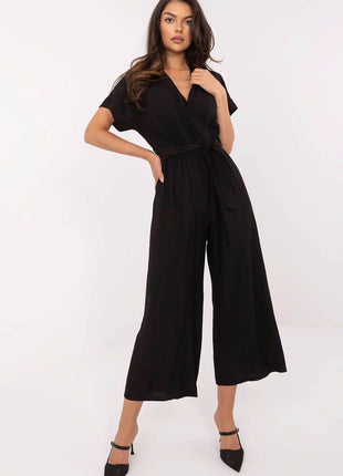 Elegant Wrap Jumpsuit with Belt – Viscose Blend, Short Sleeves - MimiStylez