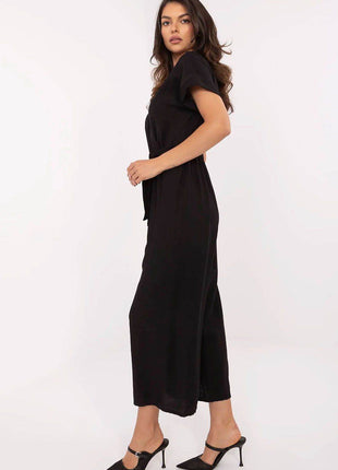 Elegant Wrap Jumpsuit with Belt – Viscose Blend, Short Sleeves - MimiStylez