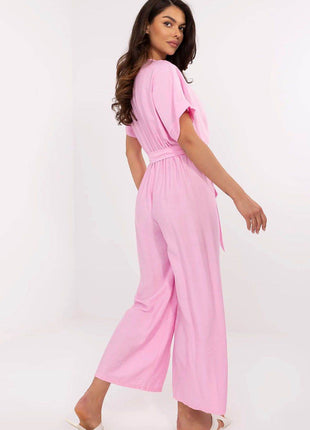 Elegant Wrap Jumpsuit with Belt – Viscose Blend, Short Sleeves - MimiStylez