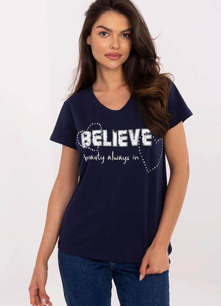 Casual V-Neck T-Shirt with Sparkling Zircon Print - MimiStylez