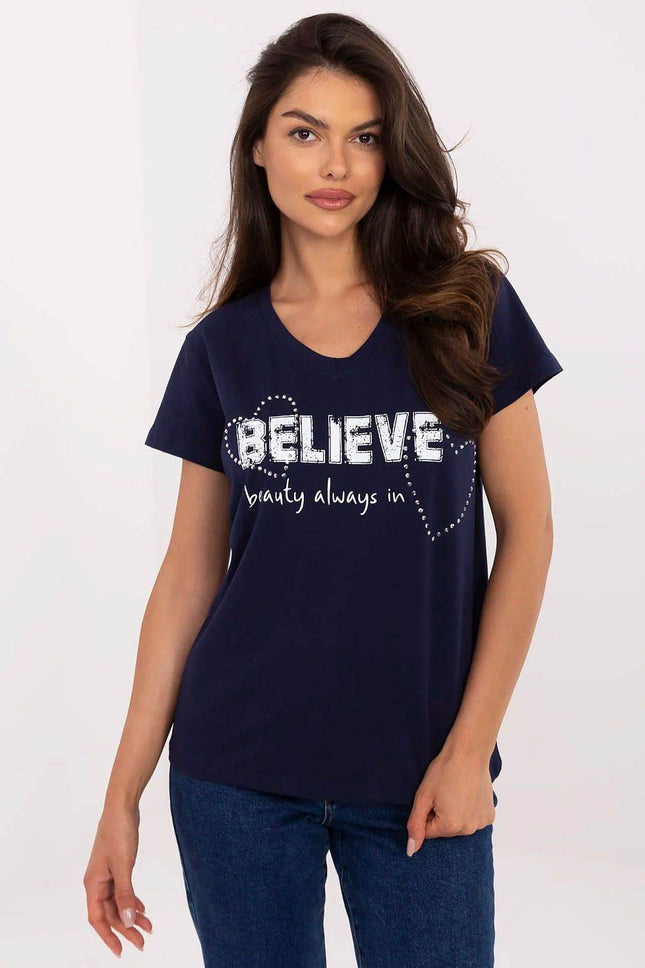 Casual V-Neck T-Shirt with Sparkling Zircon Print - MimiStylez
