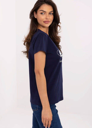 Casual V-Neck T-Shirt with Sparkling Zircon Print - MimiStylez