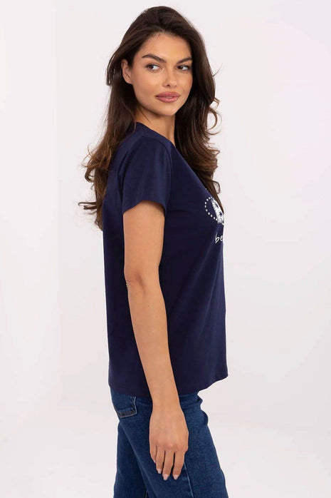 Casual V-Neck T-Shirt with Sparkling Zircon Print - MimiStylez