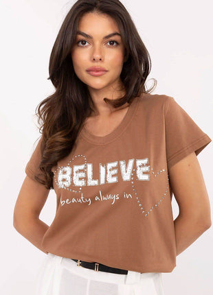 Casual V-Neck T-Shirt with Sparkling Zircon Print - MimiStylez