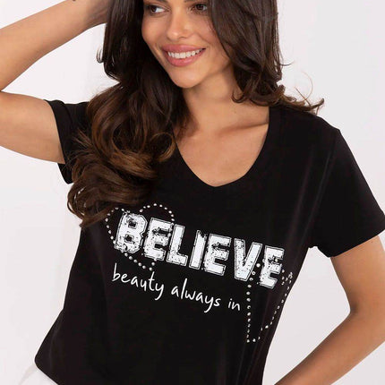 Casual V-Neck T-Shirt with Sparkling Zircon Print - MimiStylez