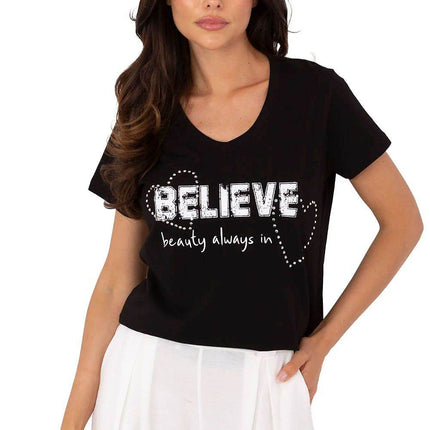 Casual V-Neck T-Shirt with Sparkling Zircon Print - MimiStylez