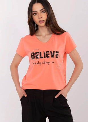 Casual V-Neck T-Shirt with Sparkling Zircon Print - MimiStylez