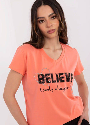 Casual V-Neck T-Shirt with Sparkling Zircon Print - MimiStylez