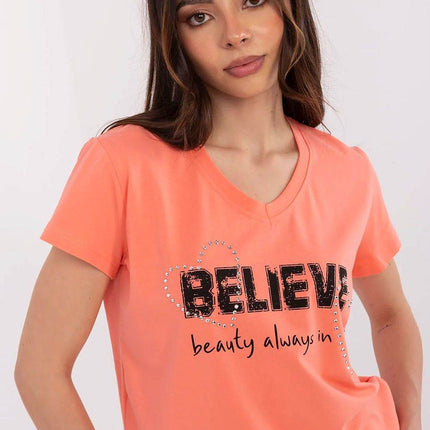 Casual V-Neck T-Shirt with Sparkling Zircon Print - MimiStylez