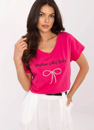 Everyday Elegance: Women's Cotton Tee with Zircon Accents - MimiStylez