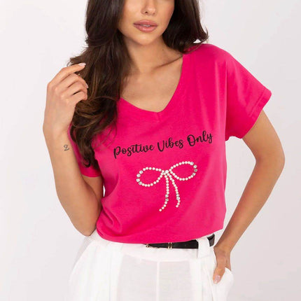 Everyday Elegance: Women's Cotton Tee with Zircon Accents - MimiStylez