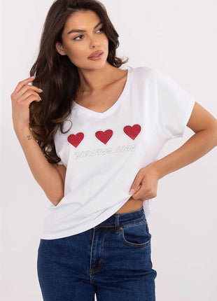 Women's Cotton T-Shirt with Heart Rhinestone Detail – Casual Fit, Short Sleeves - MimiStylez
