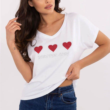 Women's Cotton T-Shirt with Heart Rhinestone Detail – Casual Fit, Short Sleeves - MimiStylez