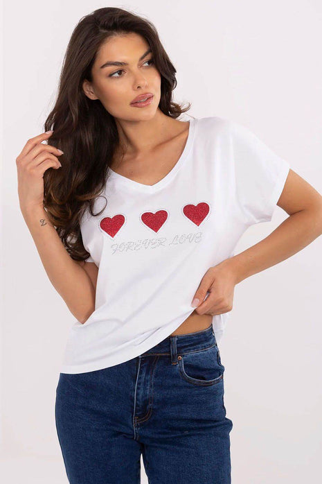 Women's Cotton T-Shirt with Heart Rhinestone Detail – Casual Fit, Short Sleeves - MimiStylez
