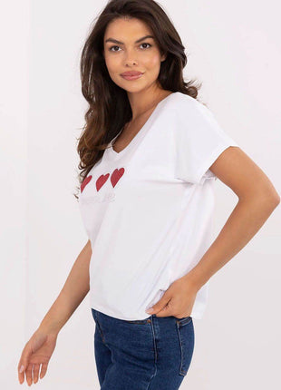 Women's Cotton T-Shirt with Heart Rhinestone Detail – Casual Fit, Short Sleeves - MimiStylez