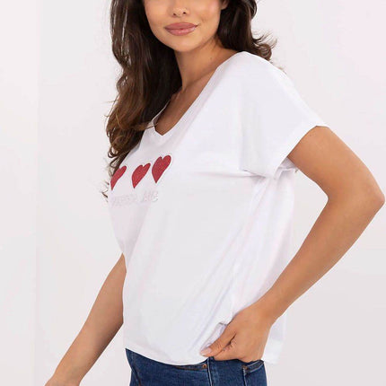 Women's Cotton T-Shirt with Heart Rhinestone Detail – Casual Fit, Short Sleeves - MimiStylez