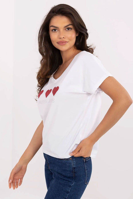 Women's Cotton T-Shirt with Heart Rhinestone Detail – Casual Fit, Short Sleeves - MimiStylez