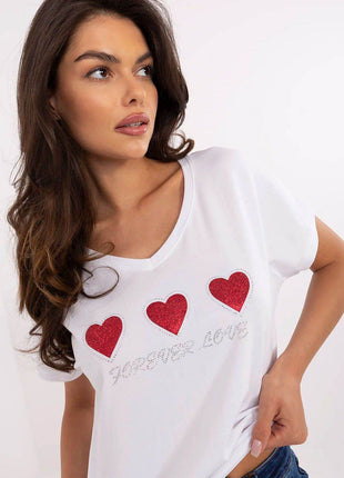 Women's Cotton T-Shirt with Heart Rhinestone Detail – Casual Fit, Short Sleeves - MimiStylez