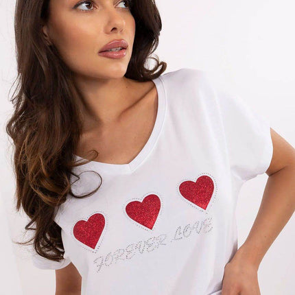 Women's Cotton T-Shirt with Heart Rhinestone Detail – Casual Fit, Short Sleeves - MimiStylez