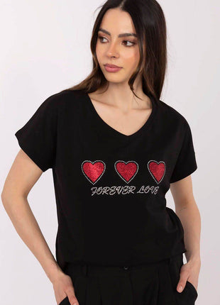 Women's Cotton T-Shirt with Heart Rhinestone Detail – Casual Fit, Short Sleeves - MimiStylez