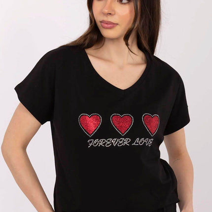 Women's Cotton T-Shirt with Heart Rhinestone Detail – Casual Fit, Short Sleeves - MimiStylez