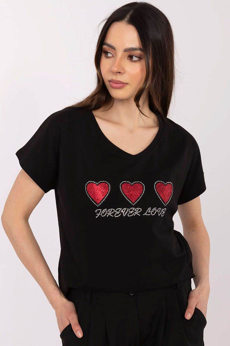Women's Cotton T-Shirt with Heart Rhinestone Detail – Casual Fit, Short Sleeves - MimiStylez