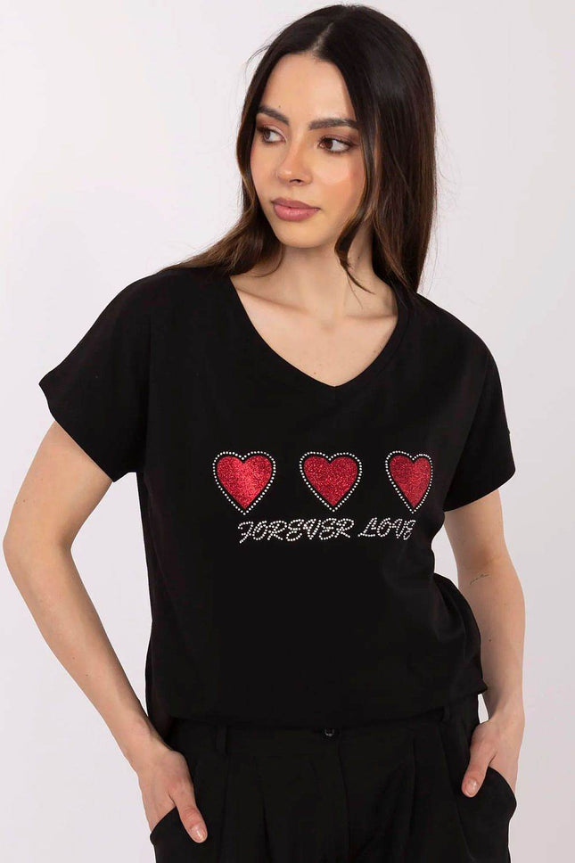 Women's Cotton T-Shirt with Heart Rhinestone Detail – Casual Fit, Short Sleeves - MimiStylez