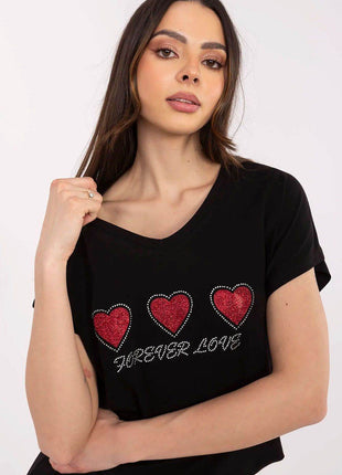 Women's Cotton T-Shirt with Heart Rhinestone Detail – Casual Fit, Short Sleeves - MimiStylez